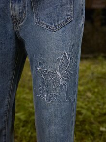 ROMWE Goth Jeans de pierna amplia con bordado de mariposa - Azul lavado oscuro - Ver 4