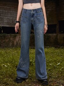 ROMWE Goth Jeans de pierna amplia con bordado de mariposa - Azul lavado oscuro - Ver 5