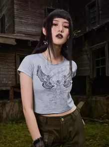 ROMWE Goth Camiseta con estampado floral - Gris - Ver 1