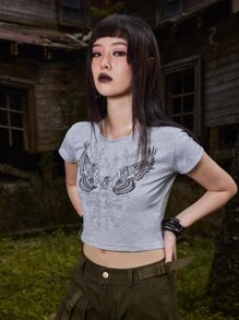 ROMWE Goth Camiseta con estampado floral - Gris - Ver 2