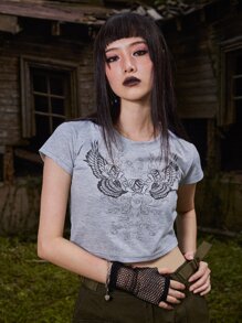 ROMWE Goth Camiseta con estampado floral - Gris - Ver 3