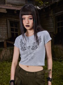 ROMWE Goth Camiseta con estampado floral - Gris - Ver 6