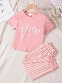 Toddler Girls Letter & Striped Print PJ Set - Baby Pink - View 1