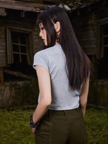 ROMWE Goth Camiseta con estampado floral - Gris - Ver 7