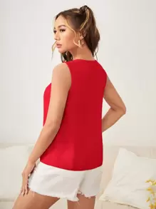 SHEIN Clasi Áo sơ mi nữ Nút Uốn nếp màu trơn Giải trí - Đỏ - Xem 2