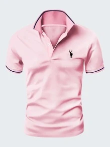 Manfinity Homme Men Deer Print Contrast Trim Polo Shirt - Baby Pink - View 1