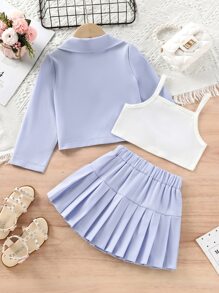 小女童西裝領夾克和吊帶上衣和百褶半身裙 - 藍白色 - 查看 2