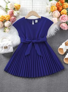 SHEIN 小女童百褶下擺繫腰帶洋裝