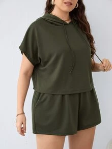 Shorts con camiseta de manga murciélago con cordón con capucha - Verde militar - Ver 5