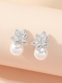 方晶鋯石裝飾耳釘 - 銀色 - 查看 1