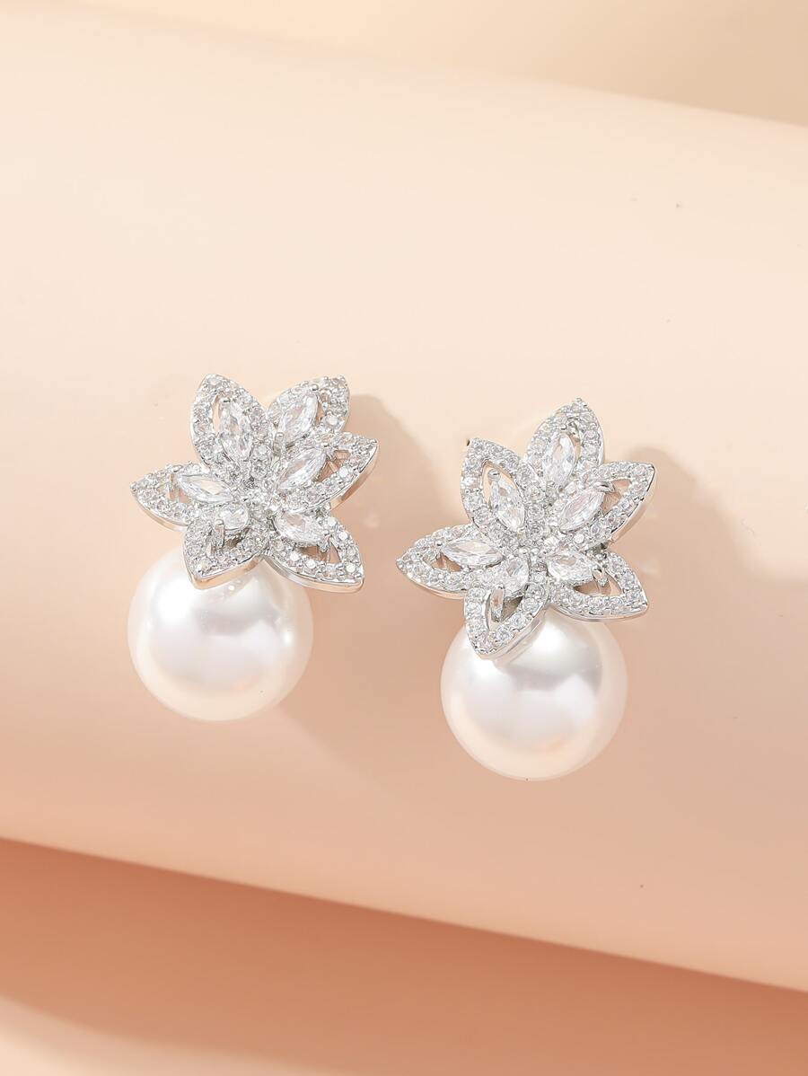 方晶鋯石裝飾耳釘 - 銀色 - 查看 1