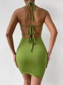 Chiquease 鏤空褶邊十字交叉後背繫帶吊脖緊身連衣裙 - 綠色 - 查看 2