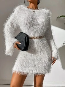 SHEIN Allurite Vestido de punto unicolor de peluche sin cinturón - Blanco - Ver 1