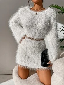 SHEIN Allurite Vestido de punto unicolor de peluche sin cinturón - Blanco - Ver 3