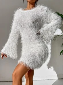 SHEIN Allurite Vestido de punto unicolor de peluche sin cinturón - Blanco - Ver 7