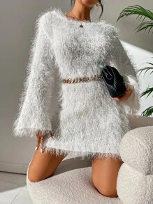 SHEIN Allurite Vestido de punto unicolor de peluche sin cinturón - Blanco - Ver 8