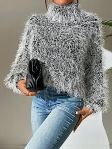 SHEIN Essnce 高領毛茸茸套頭毛衣 - 深灰色 - 查看 6