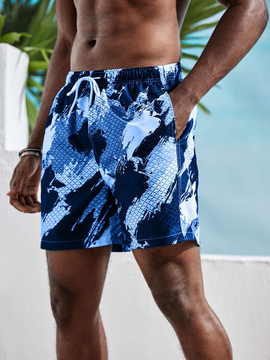 Manfinity Men Brush & Geo Print Slant Pocket Swim Trunks - Blue - View 1