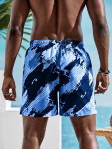 Manfinity Men Brush & Geo Print Slant Pocket Swim Trunks - Blue - View 2