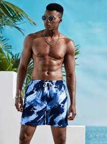 Manfinity Men Brush & Geo Print Slant Pocket Swim Trunks - Blue - View 3