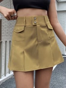 Flap Pocket Fold Pleated Skirt - Camel - View 1