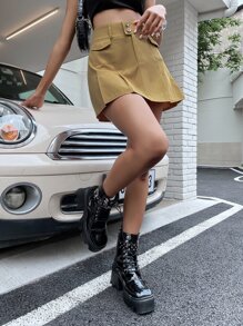 Flap Pocket Fold Pleated Skirt - Camel - View 5