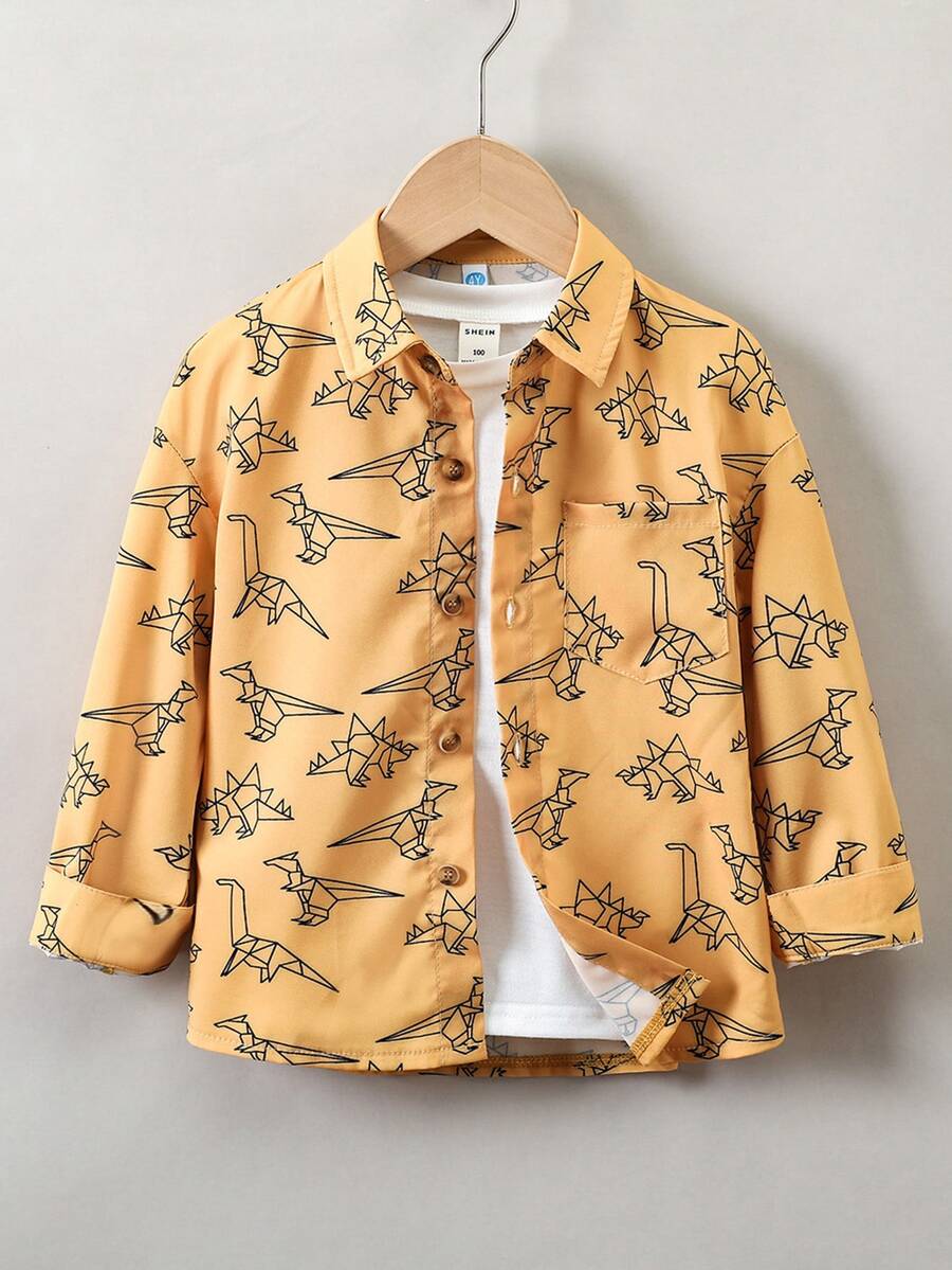 SHEIN 小男童卡通圖案口袋貼布襯衫