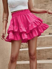 Paperbag Waist Two Layer Hem Shorts - Hot Pink - View 4