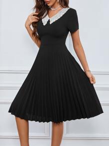 SHEIN Clasi Guipure Lace Panel Pleated Dress - Black - View 4