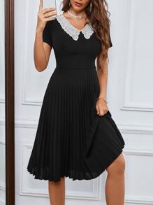 SHEIN Clasi Guipure Lace Panel Pleated Dress - Black - View 5