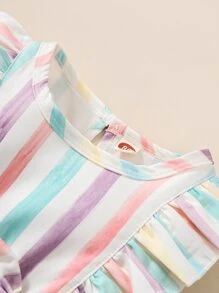 Bebé Vestido de rayas combinadas ribete con fruncido con lazo delantero con diadema - Multicolor - Ver 3