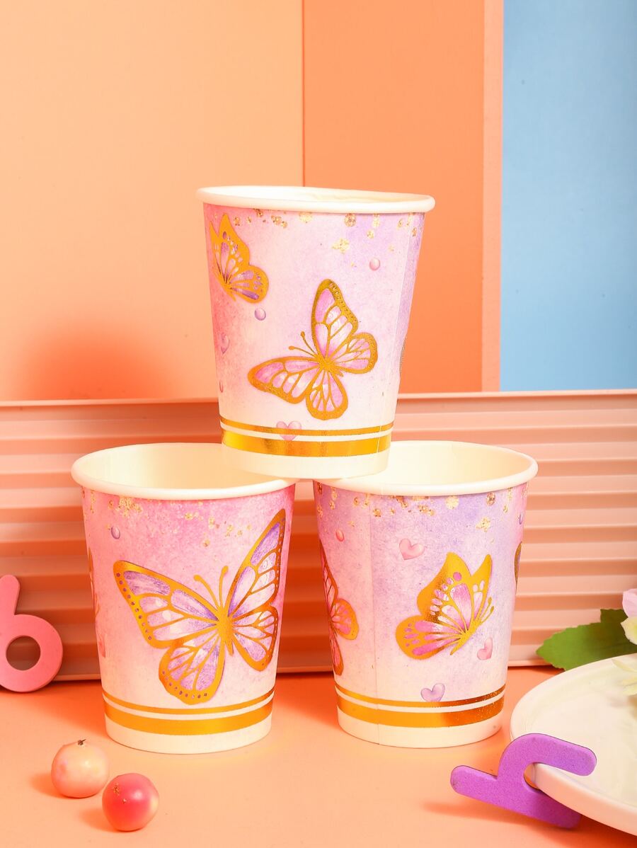 10入組/套一次性金屬質感蝴蝶圖案紙杯子適用於生日