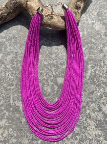 Solid Beaded Layered Necklace - Hot Pink - View 3