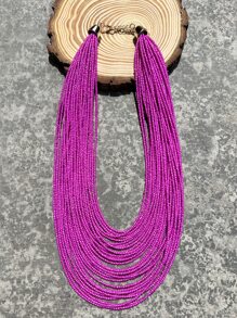 Solid Beaded Layered Necklace - Hot Pink - View 6