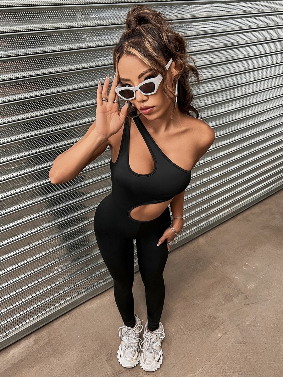 SHEIN Unity One Shoulder Cut Out Unitard Jumpsuit - Black - View 1