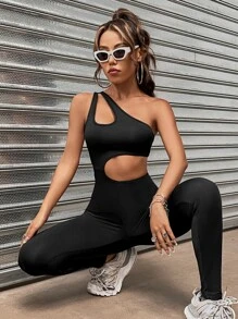 SHEIN Unity One Shoulder Cut Out Unitard Jumpsuit - Black - View 4