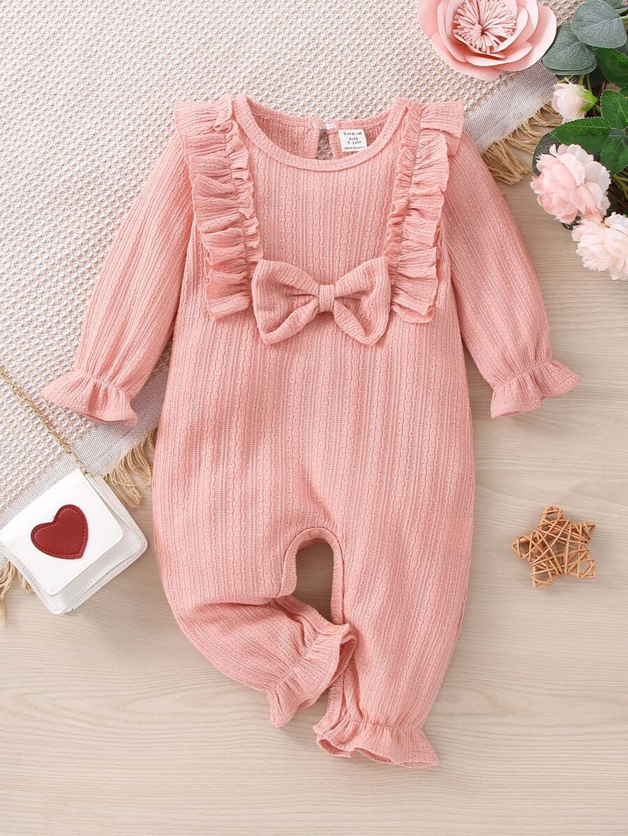 Bebé Jumpsuit ribete con fruncido con lazo delantero de manga con volante - Rosa - Ver 1