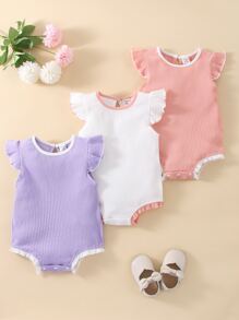 Conjunto De 3 Piezas De Mono De Bebé Con Ribete De Volantes En Contraste - Multicolor - Ver 1