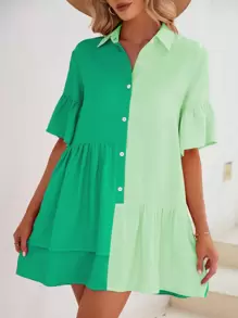 Breezaya Vestido smock de dos tonos de manga con volante bajo con fruncido - Multicolor - Ver 1