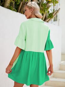 Breezaya Vestido smock de dos tonos de manga con volante bajo con fruncido - Multicolor - Ver 2