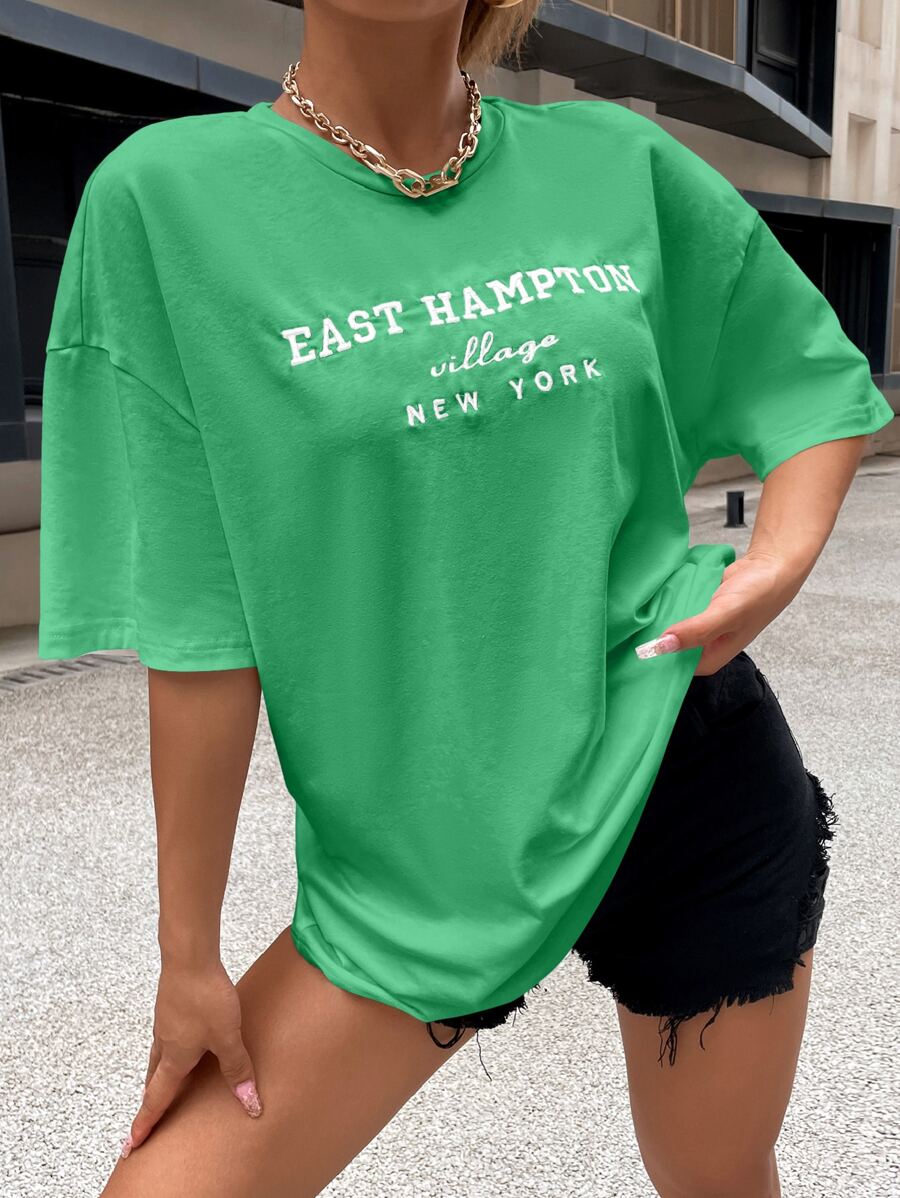 SHEIN Unity Drop Shoulder Letter Embroidery Tee - Green - View 1