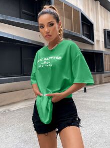 SHEIN Unity Drop Shoulder Letter Embroidery Tee - Green - View 3