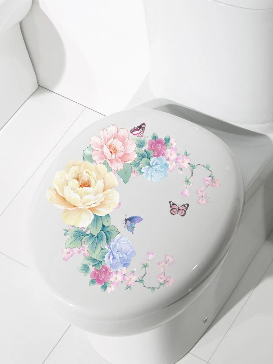 Flower Pattern Toilet Lid Decal, Self Adhesive Toilet Sticker For Bathroom Decor - Multicolor - View 1