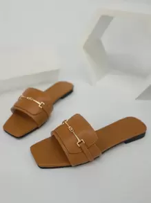 女士金屬裝飾單帶露趾時尚素色極簡戶外平底涼鞋 - 棕色 - 查看 1