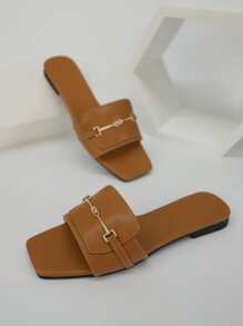 女士金屬裝飾單帶露趾時尚素色極簡戶外平底涼鞋 - 棕色 - 查看 2