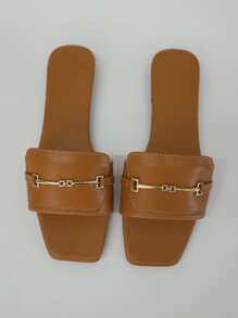 女士金屬裝飾單帶露趾時尚素色極簡戶外平底涼鞋 - 棕色 - 查看 3