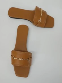 女士金屬裝飾單帶露趾時尚素色極簡戶外平底涼鞋 - 棕色 - 查看 4