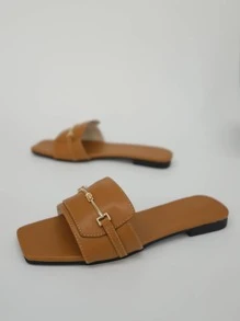 女士金屬裝飾單帶露趾時尚素色極簡戶外平底涼鞋 - 棕色 - 查看 5