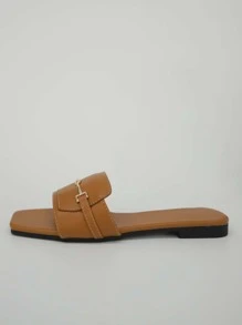 女士金屬裝飾單帶露趾時尚素色極簡戶外平底涼鞋 - 棕色 - 查看 6