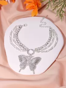 1pc Multi-Layer Full Rhinestone Decor Large Butterfly Anklet - Silver - View 4